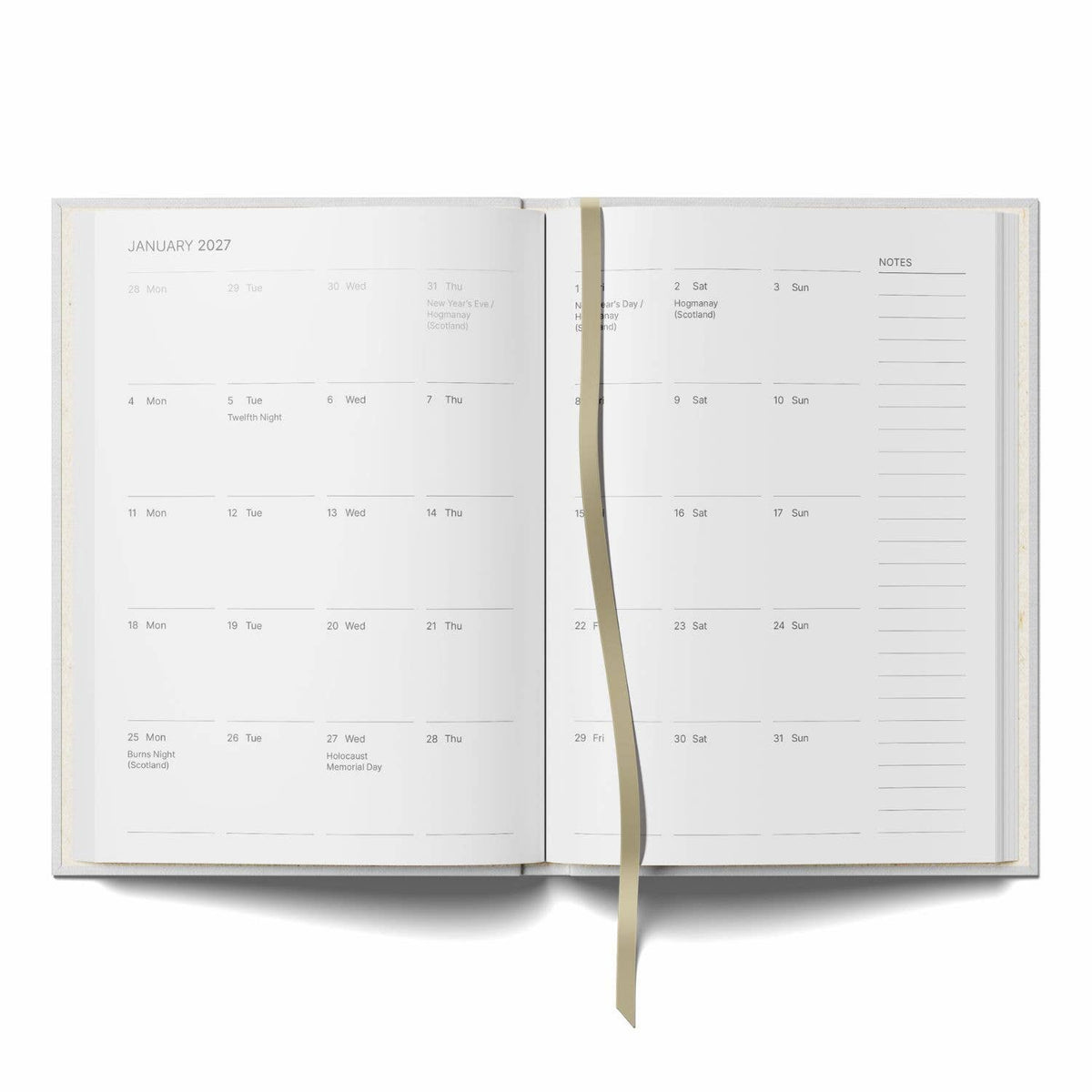 Yop & Tom 2027 week-to-view diary with monthly and annual planning pages.