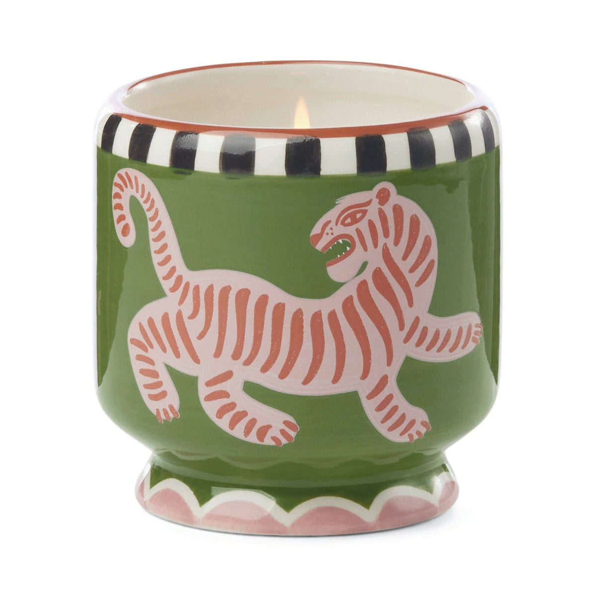 Colourful Paddywax Tiger ceramic candle with Mediterranean-inspired pattern.