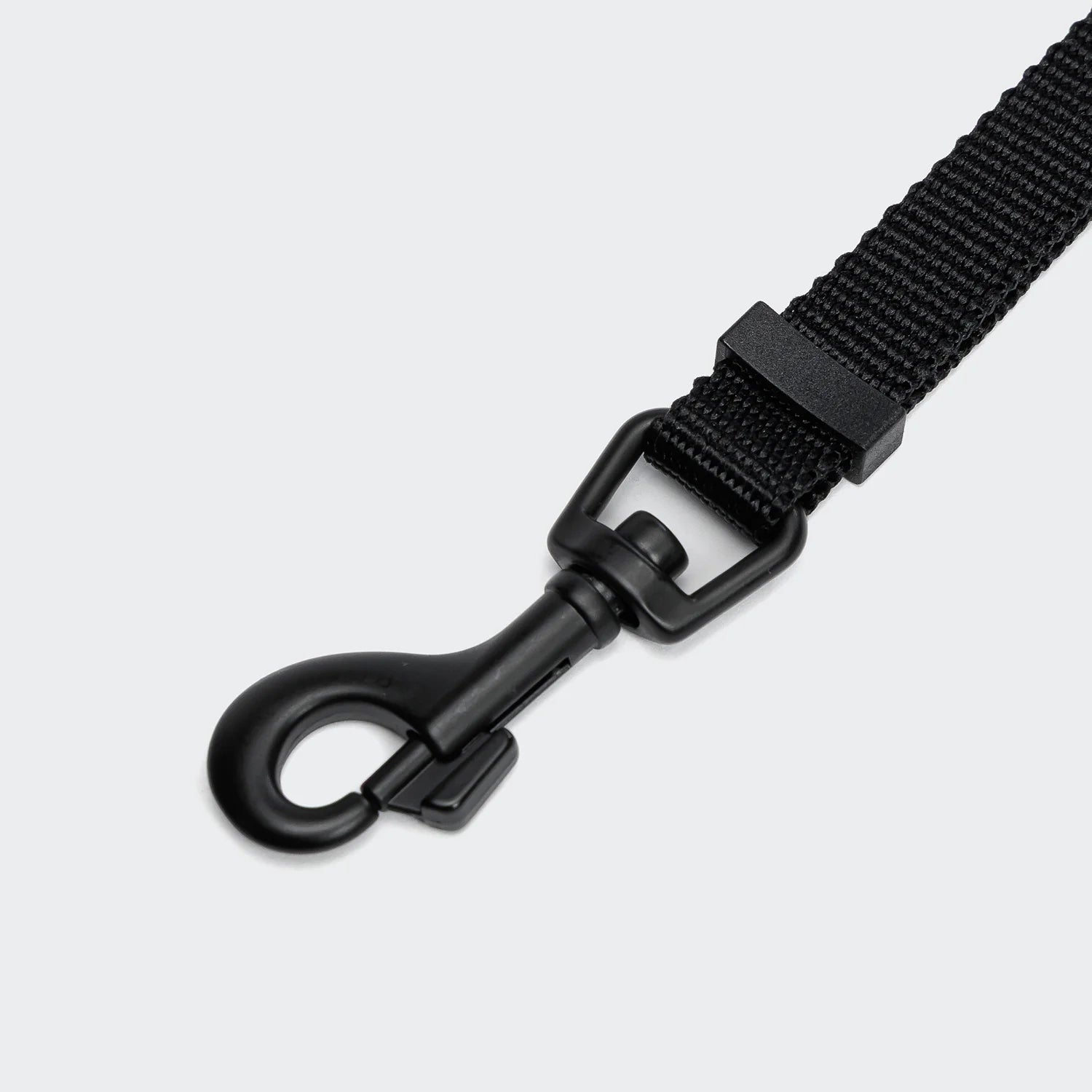 Black dog leash with clip on a light gray background