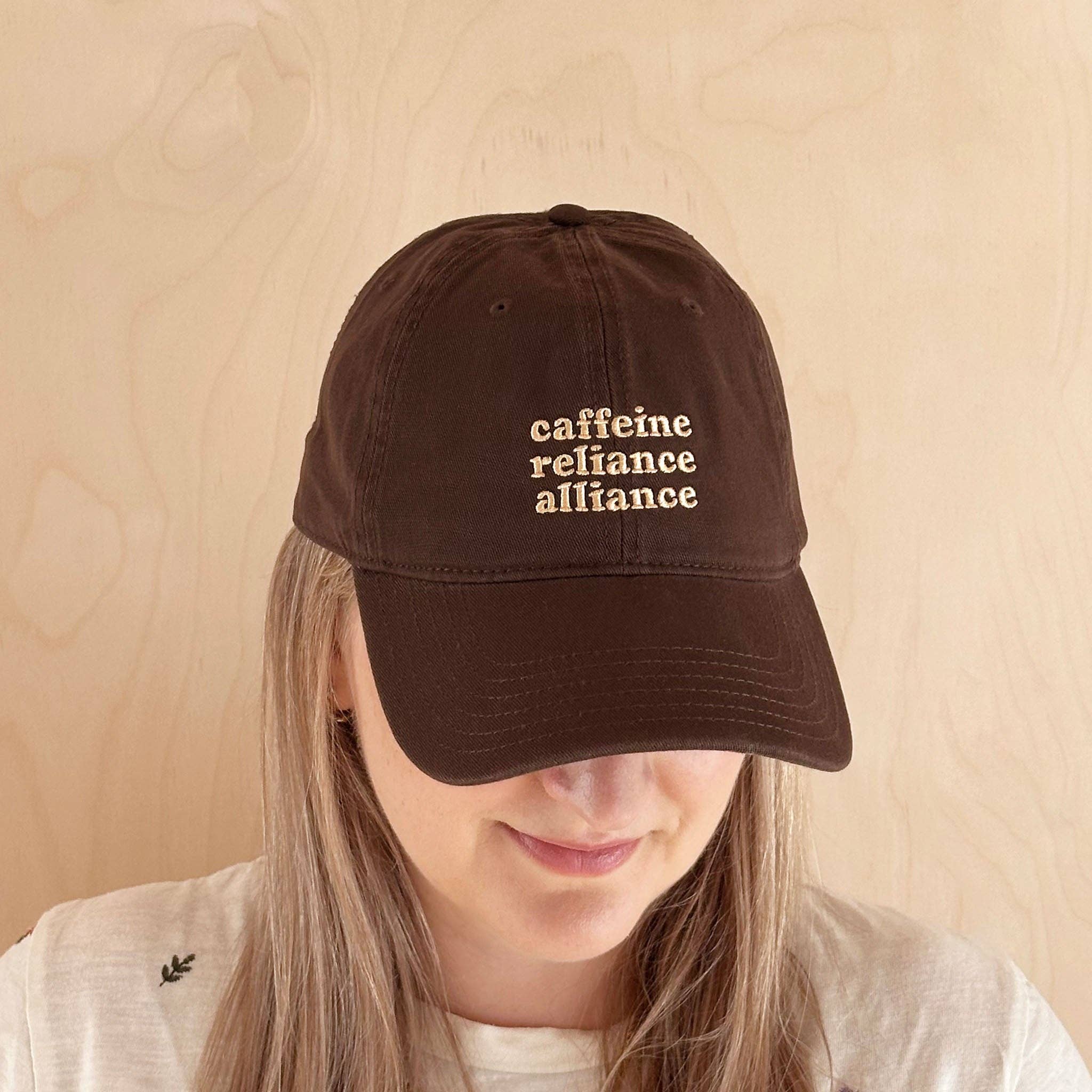 Alphabet Bags embroidered cotton baseball cap for coffee lovers.