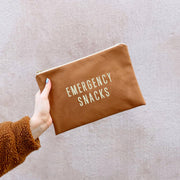 Tan canvas zip pouch with Emergency Snacks slogan by Alphabet Bags.