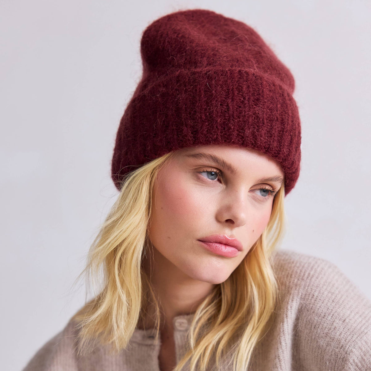 Arctic Fox & Co. soft mohair and merino wool beanie in Cherry Burgundy.