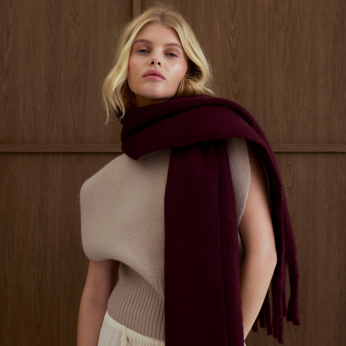 Arctic Fox & Co. Stockholm recycled scarf in rich Cherry Lacquer red.