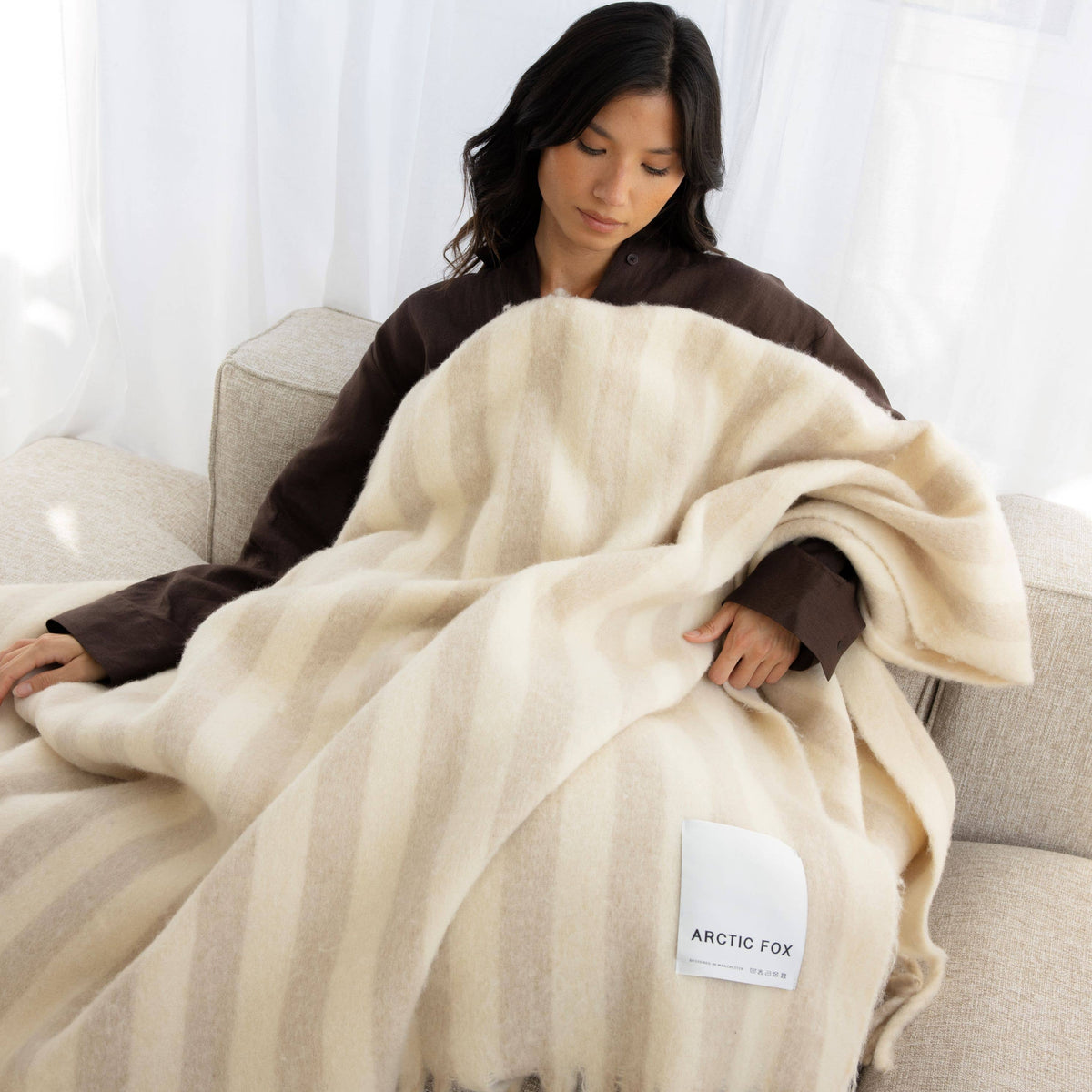 Arctic Fox & Co. premium wool stripe throw blanket in Pale Taupe.
