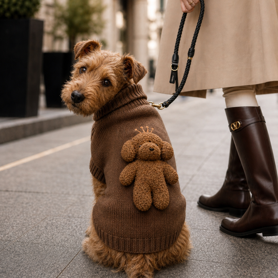 Aristopet knitted dog jumper with playful 3D bear design.