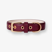 Barc London Merlot Red luxury dog collar with gold-tone hardware.