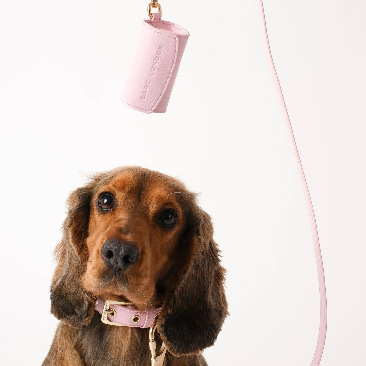 Barc London blush pink waste bag holder for coordinating dog walking sets.