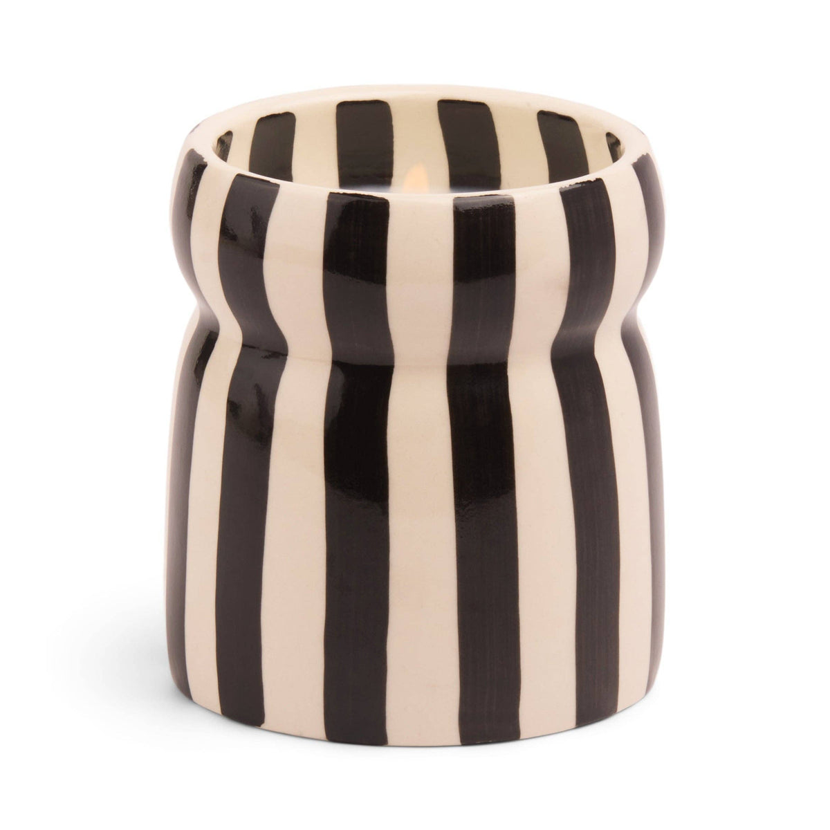 Black striped ceramic designer candle by Paddywax with Lava Stone fragrance.
