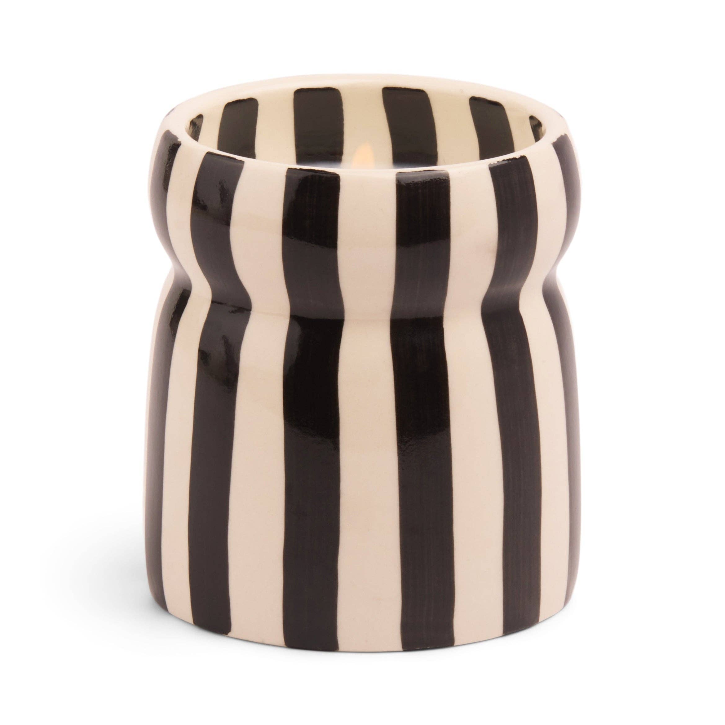 Black striped ceramic designer candle by Paddywax with Lava Stone fragrance.