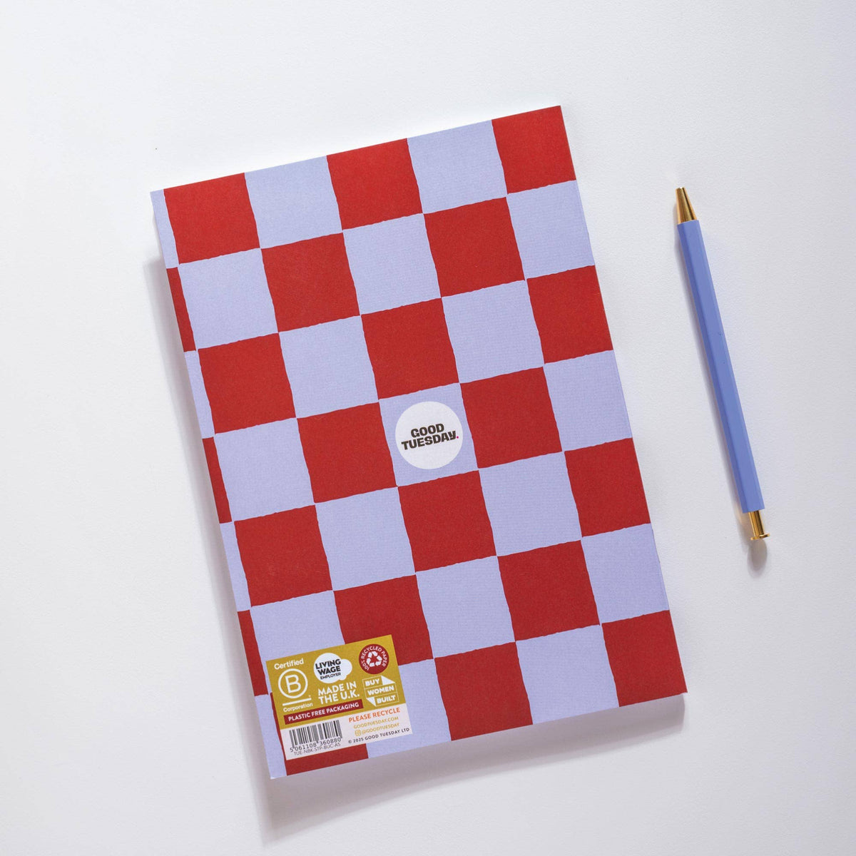 Colourful berry red and periwinkle checkerboard A5 notebook.