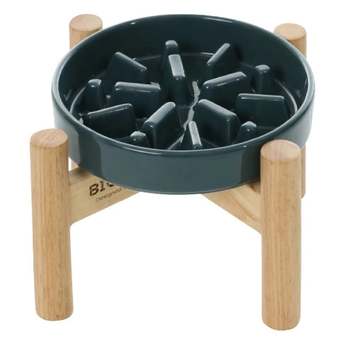 Blue Pehom Spark ceramic slow feeder bowl with wooden stand for healthier mealtimes.