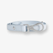 Light blue dog leash with silver clasp on a white background