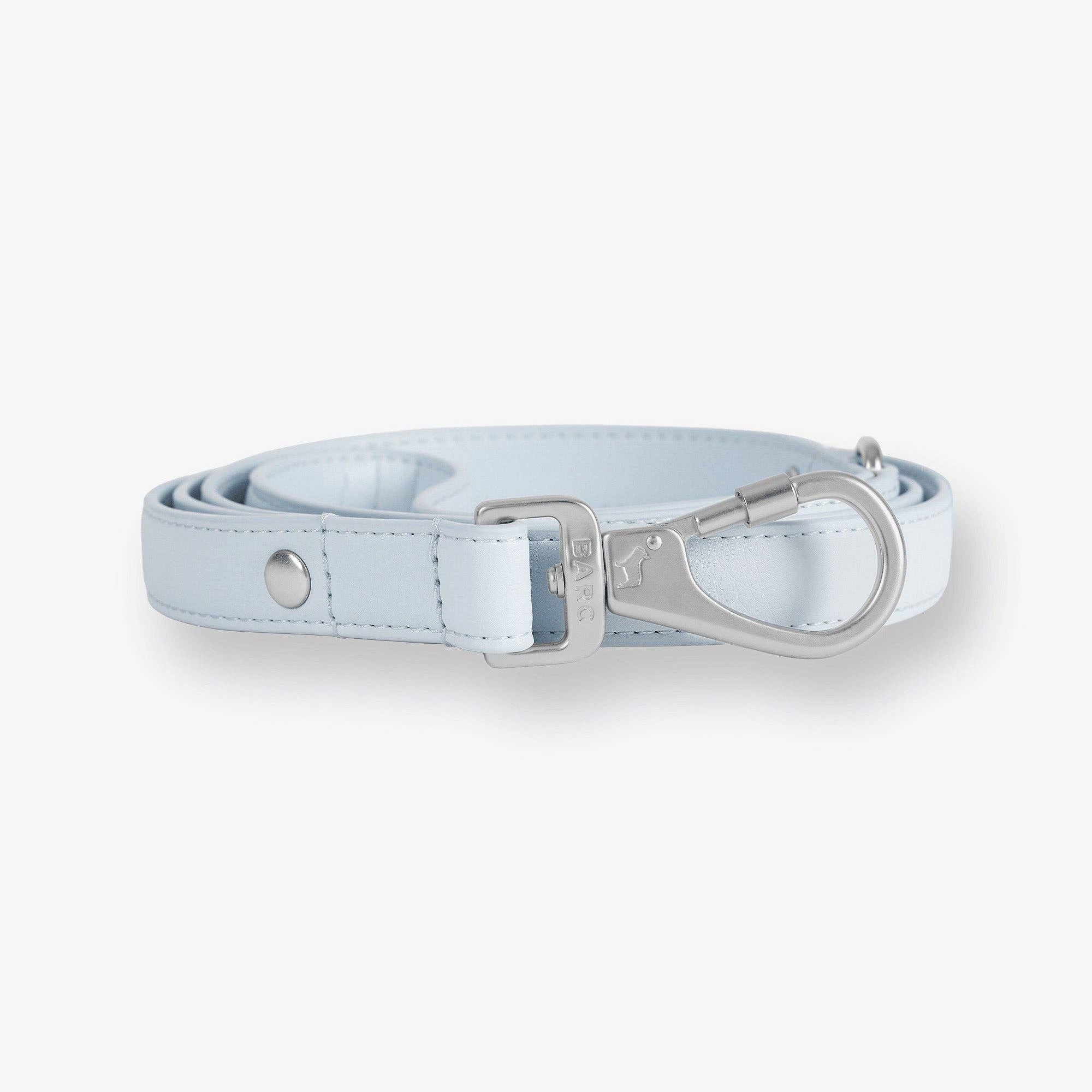 Light blue dog leash with silver clasp on a white background