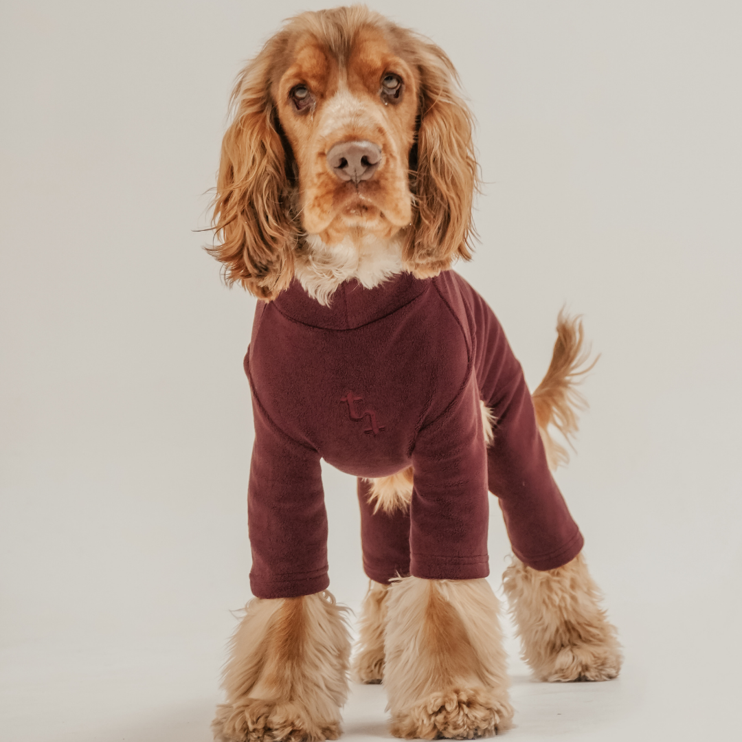 Bordeaux waterproof fleece dog bodysuit by By Teddy