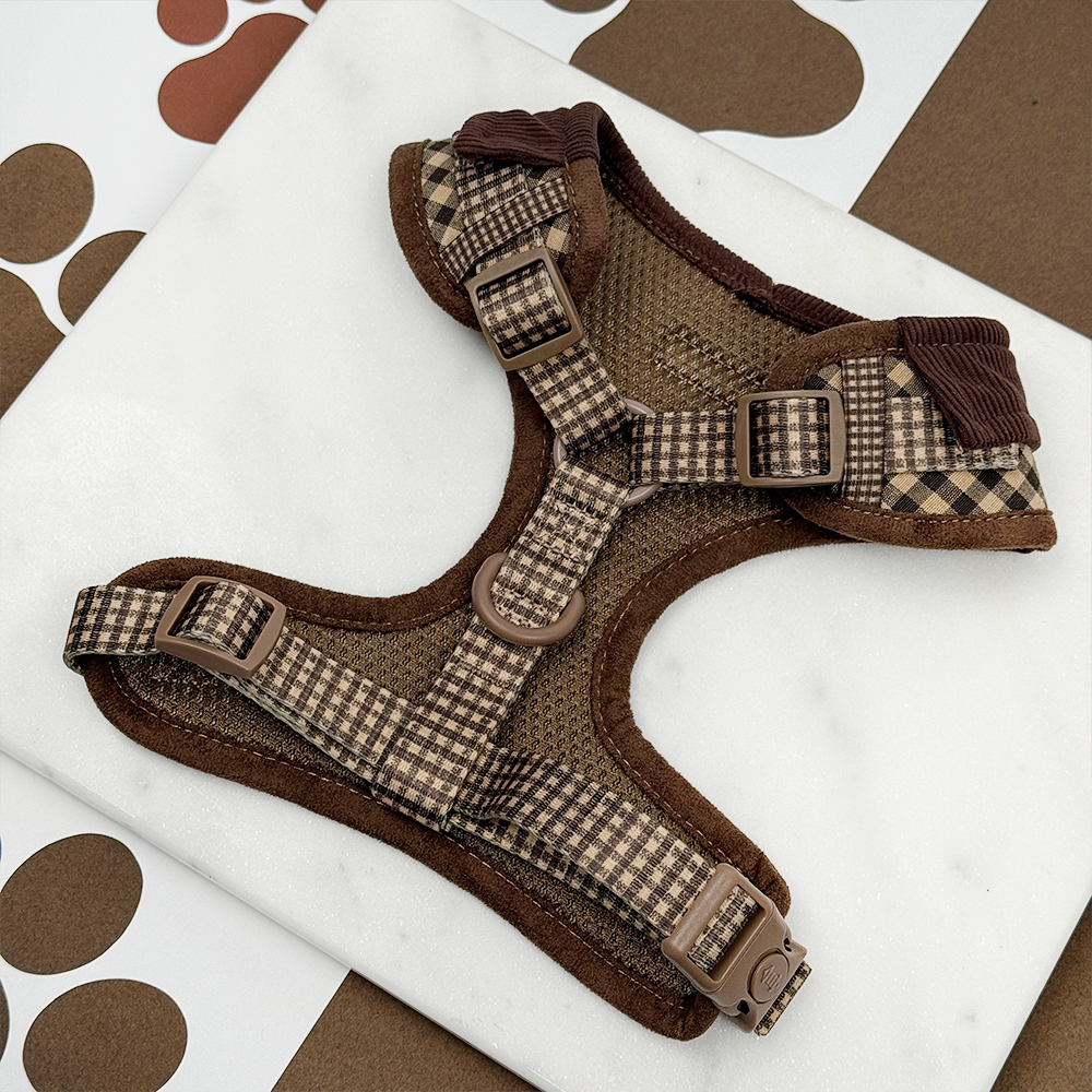 Stylish brown checked adjustable dog harness by Cocopup London.