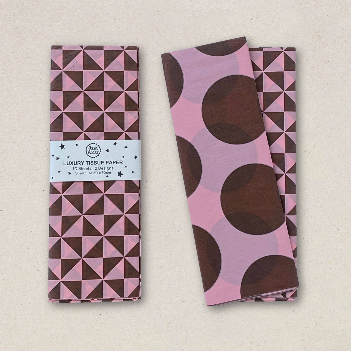 Chocolate brown and pale pink patterned tissue paper for luxury gift wrapping.