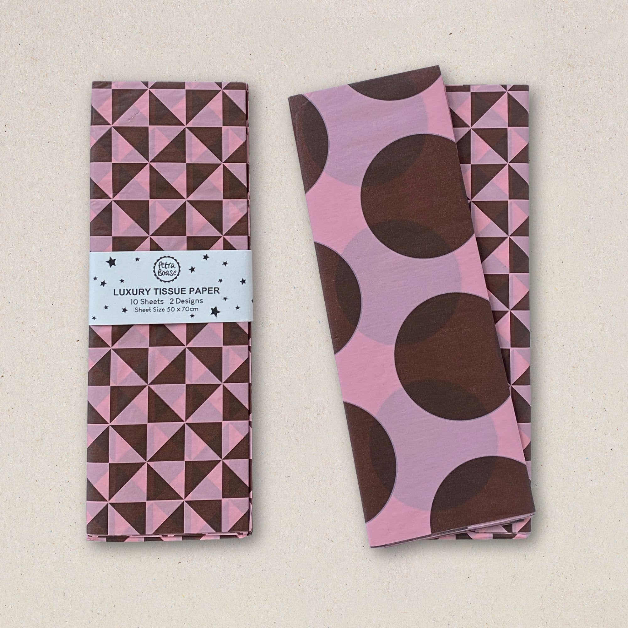 Chocolate brown and pale pink patterned tissue paper for luxury gift wrapping.