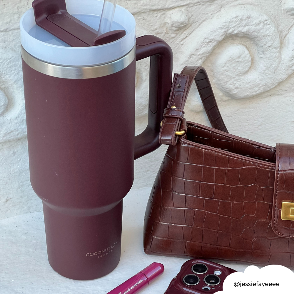 Burgundy insulated stainless steel tumbler with reusable straw