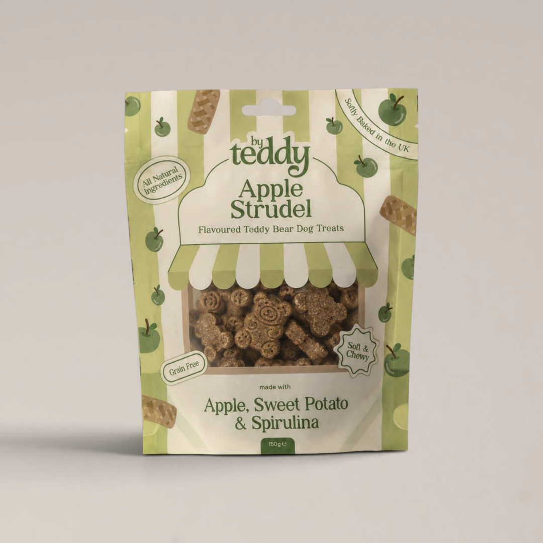 By Teddy Apple Strudel soft teddy bear shaped dog treats made with real apple