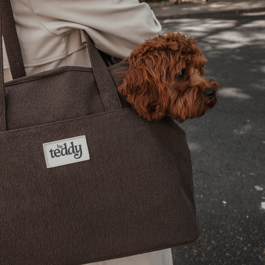 Brown tote bag with a small brown dog peeking out, branded 'by teddy'.