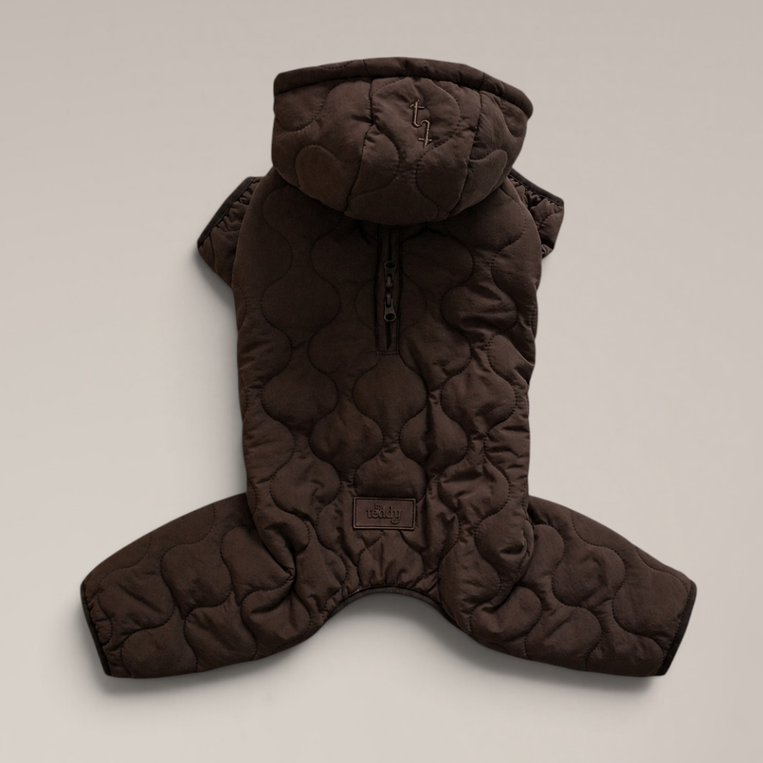 By Teddy Capsule Quilted Dog Bodysuit in rich chocolate brown