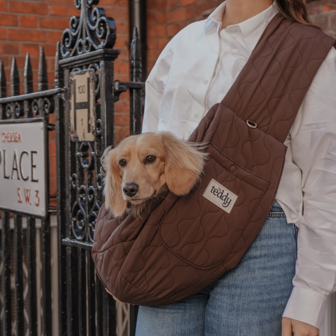 Internal harness safety clip inside the By Teddy Chocolate Quilted Sling