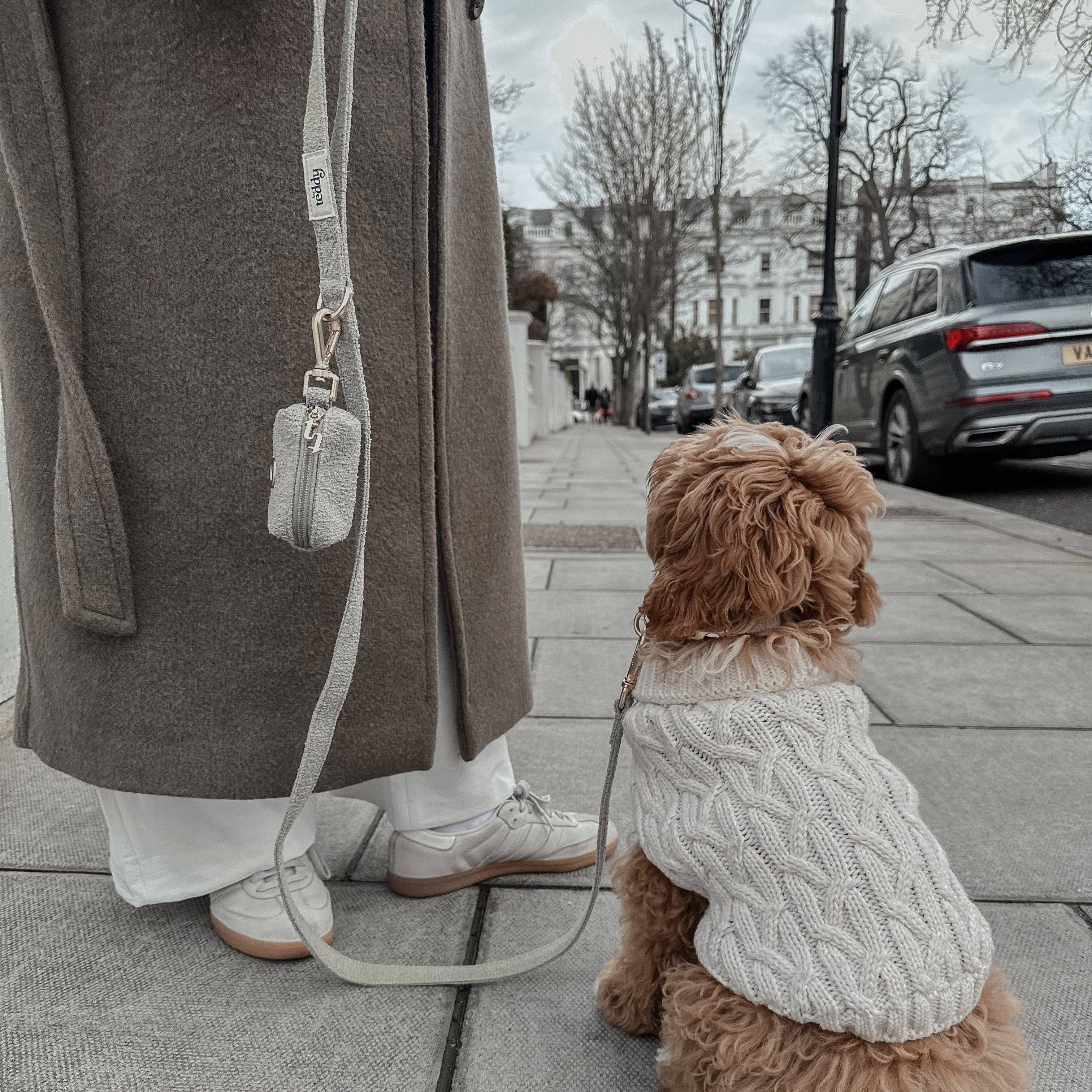 Full length view of the By Teddy Matcha Bouclé Dog Lead in matcha green and matte gold hardware