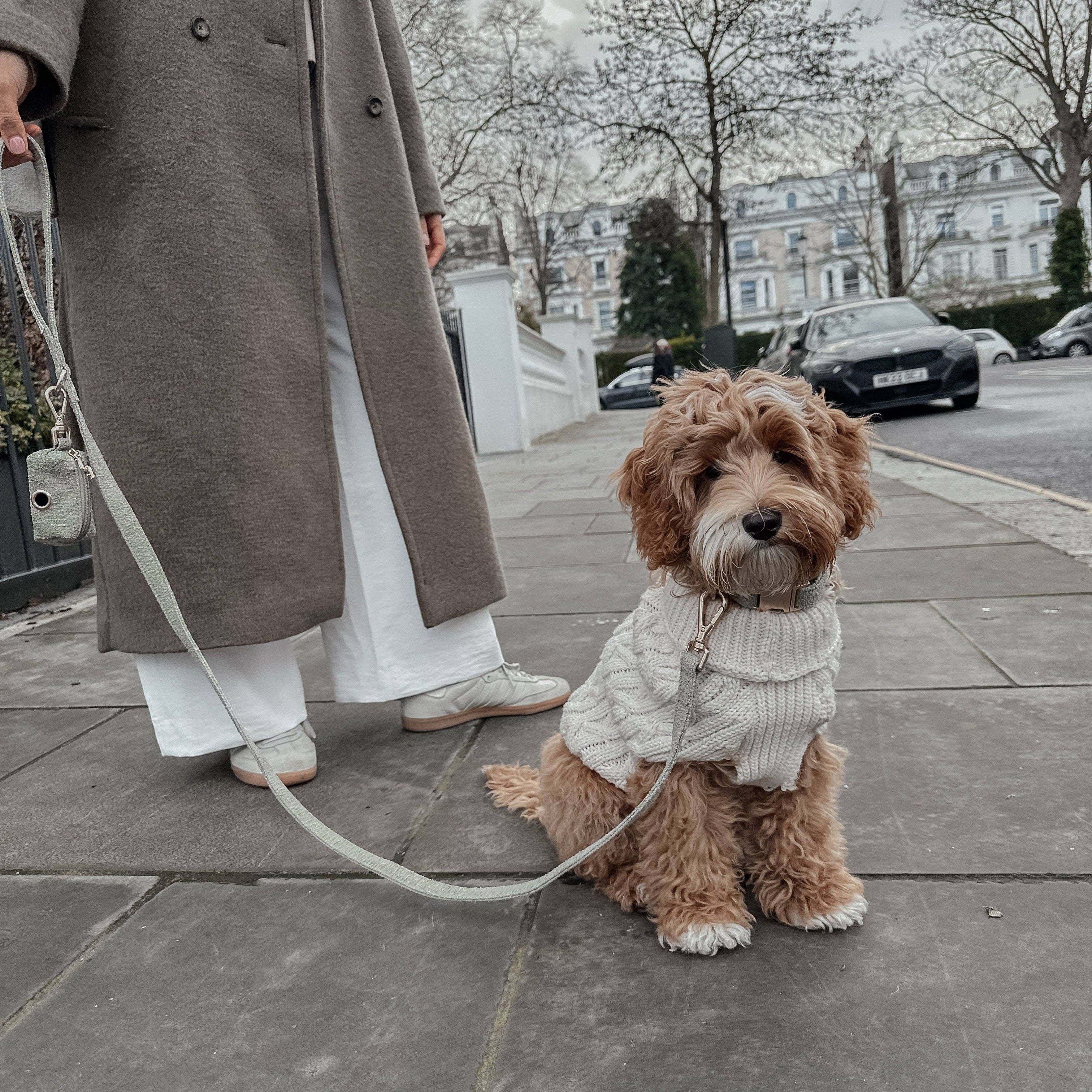 By Teddy Matcha Bouclé Dog Lead in matcha green with luxury matte gold hardware
