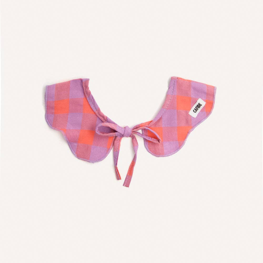 CAFIDE Lola violet gingham dog neck bandana with adjustable tie fastening.