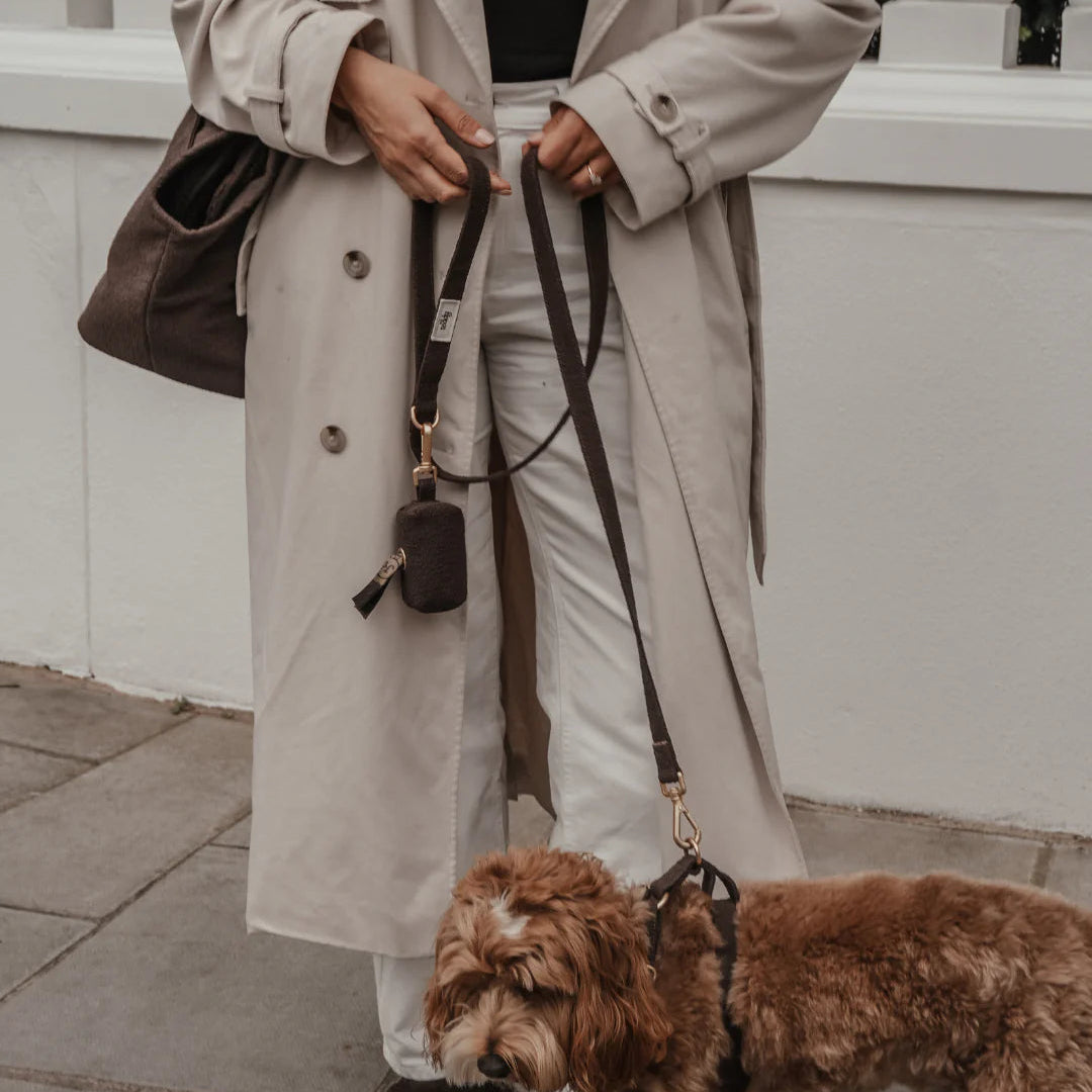 Person in a trench coat holding a dog on a leash with a white wall in the background