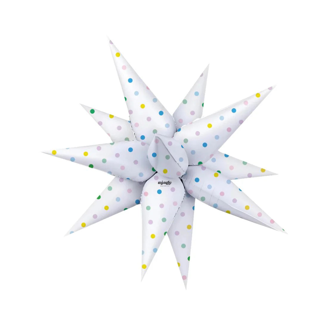 Candy Dot Starburst 32 inch air-filled foil balloon for children's birthday parties and dog birthday celebrations.