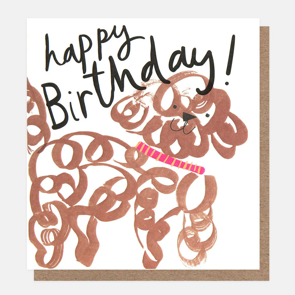 Caroline Gardner Doodle Dog Birthday Card featuring a hand-drawn curly-haired dog with pink collar from Bell & Beau.