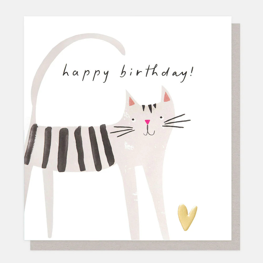 Caroline Gardner Grey Cat With Heart Birthday Card featuring a cute grey cat illustration from Bell & Beau.