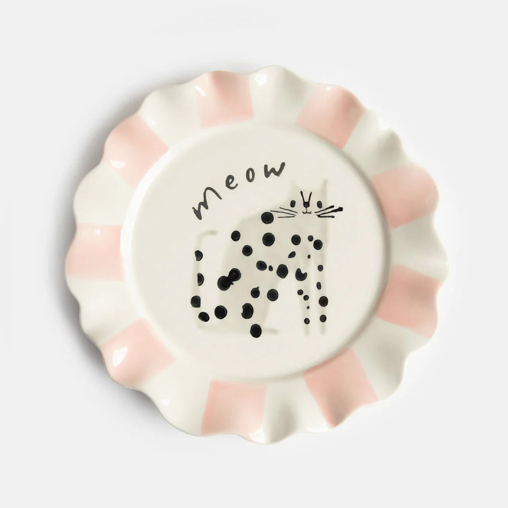 Caroline Gardner Meow Dotty Cat ceramic plate with pink scalloped striped rim from Bell & Beau.