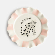 Caroline Gardner Meow Dotty Cat ceramic plate with pink scalloped striped rim from Bell & Beau.