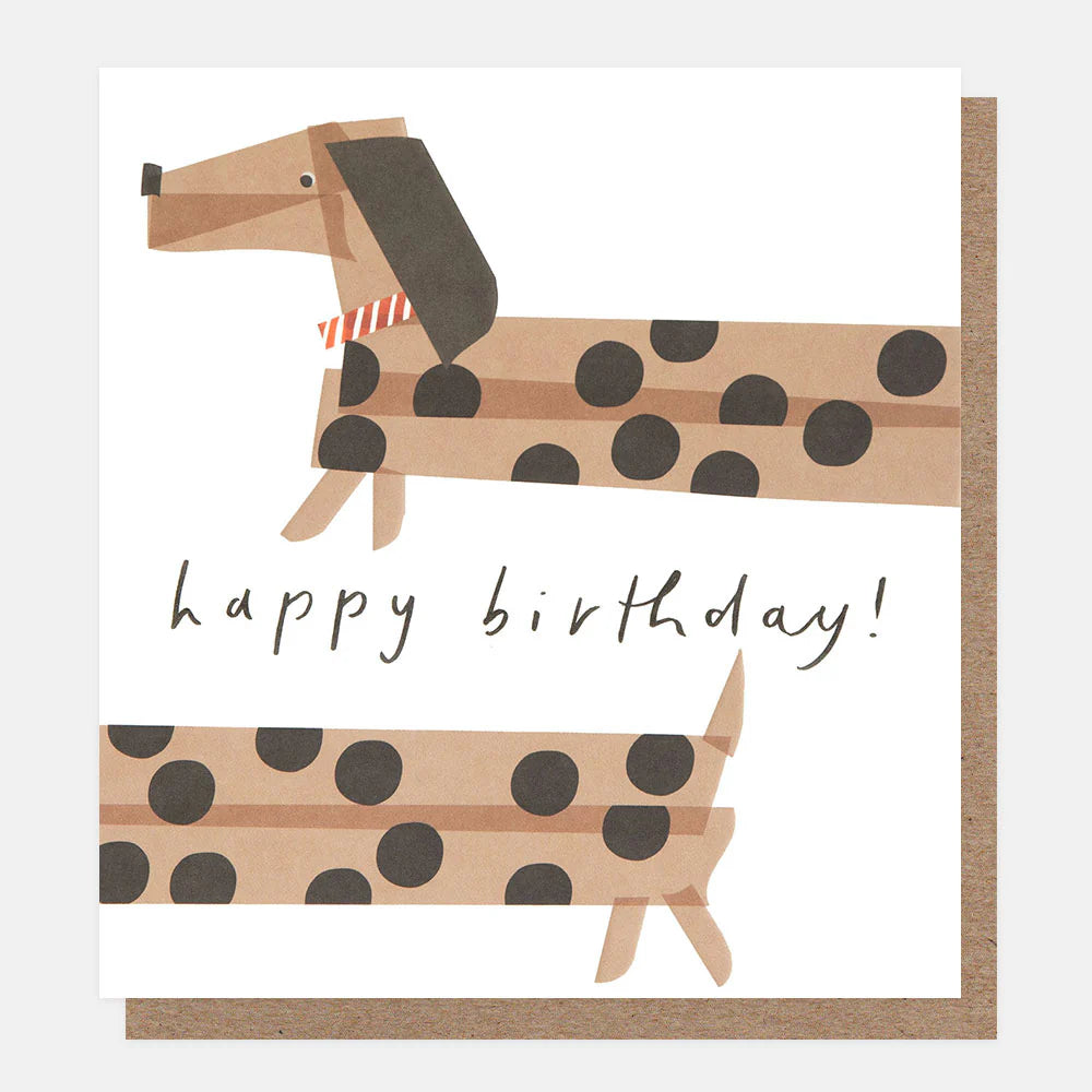 Caroline Gardner Tape Sausage Dog Birthday Card featuring a spotty dachshund design and embossed finish from Bell & Beau.