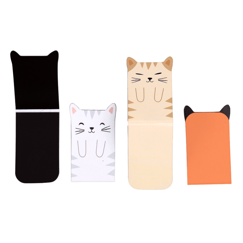 Close up of colourful magnetic cat bookmarks with feline illustrations