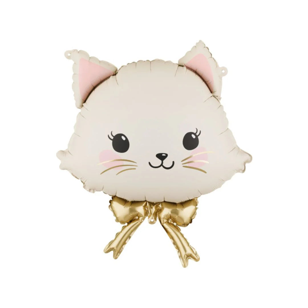 Cat head foil balloon with gold bow for children's birthday parties and pet celebrations.