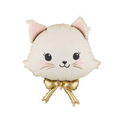 Cat head foil balloon with gold bow for children's birthday parties and pet celebrations.