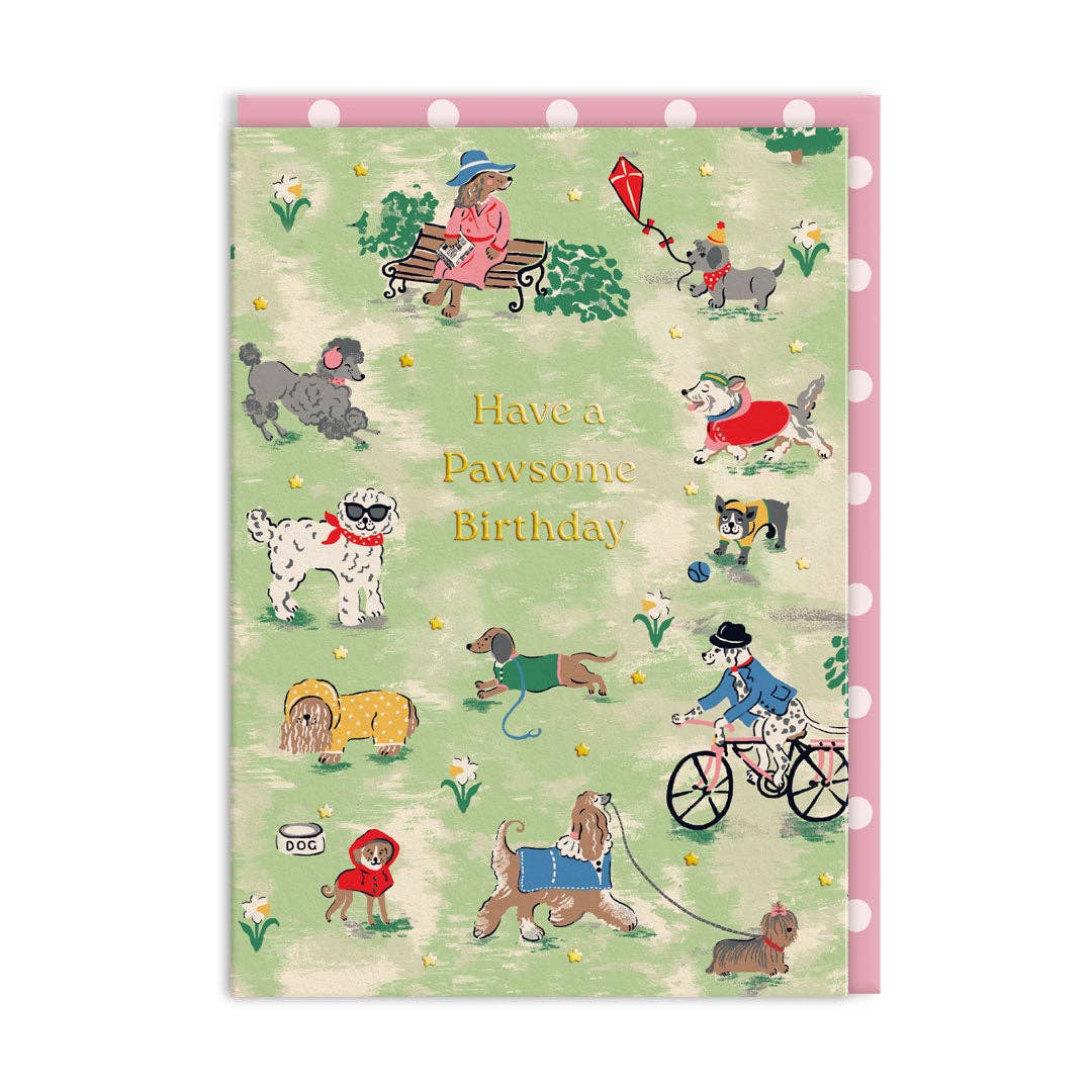 Cath Kidston Park Dogs Pawsome birthday card with colourful dog illustrations.