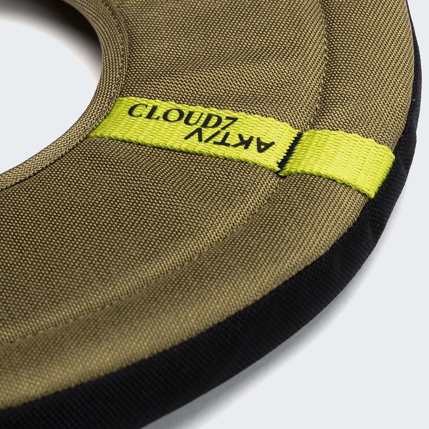 Lightweight dog frisbee with tear-resistant Cordura fabric and soft foam core.