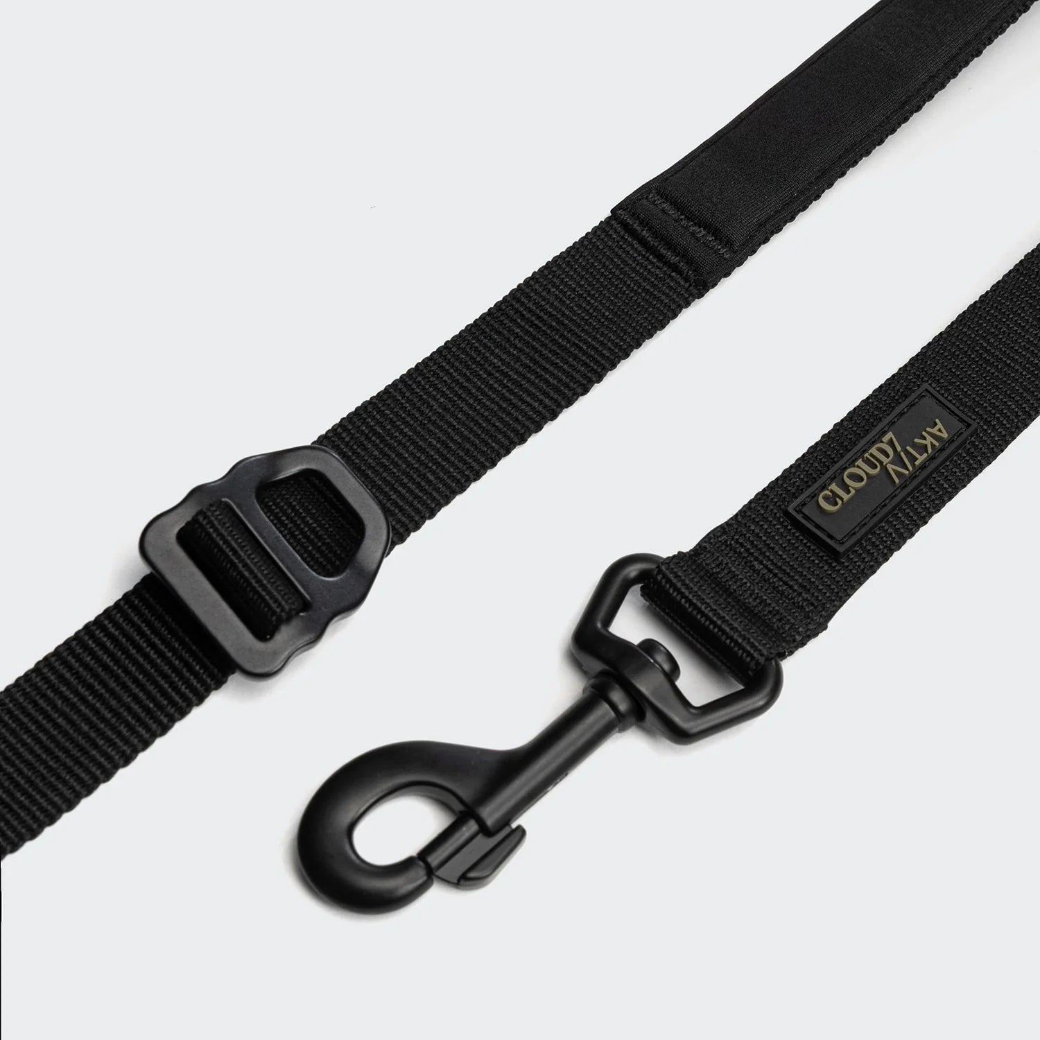Black dog leash with a clip on a light gray background