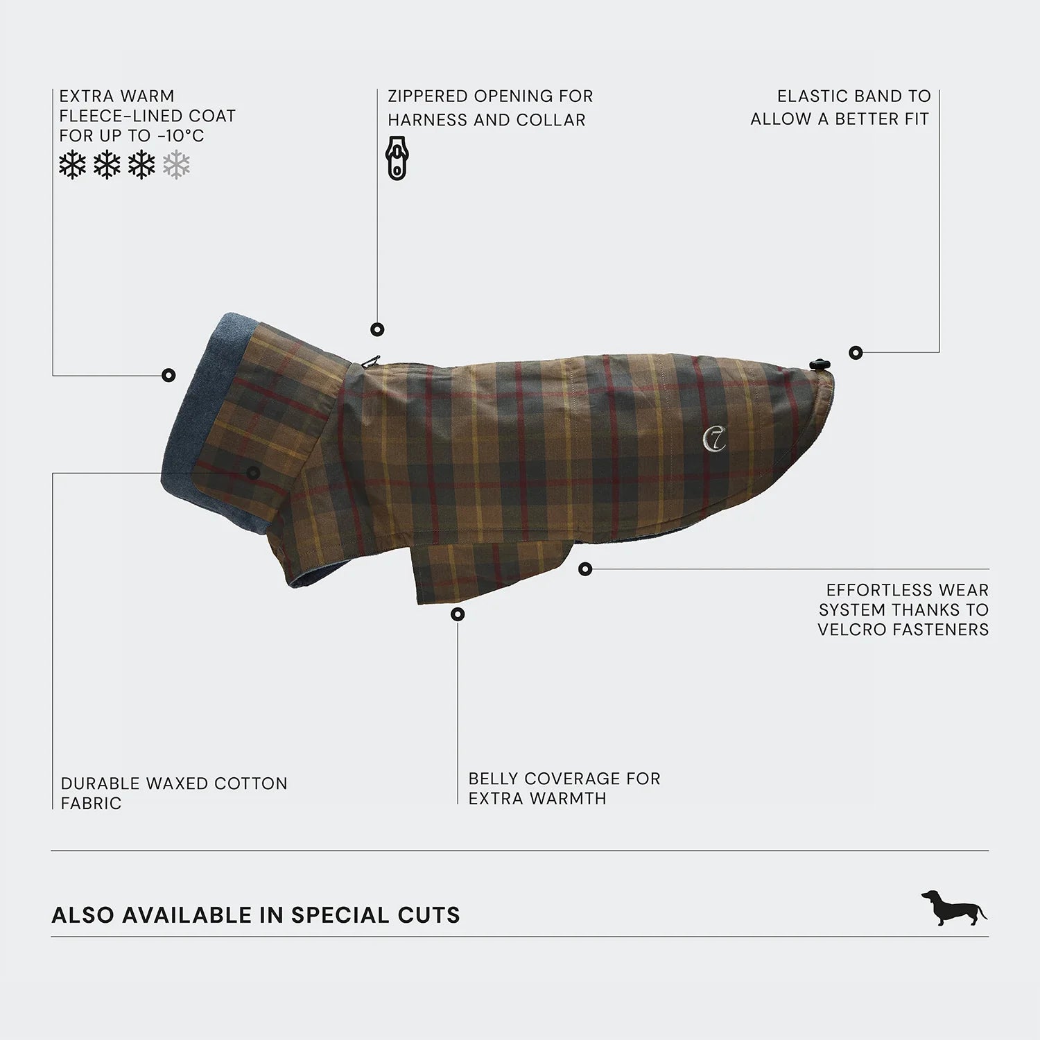 Waxed tartan dog coat with soft fleece lining and premium craftsmanship.