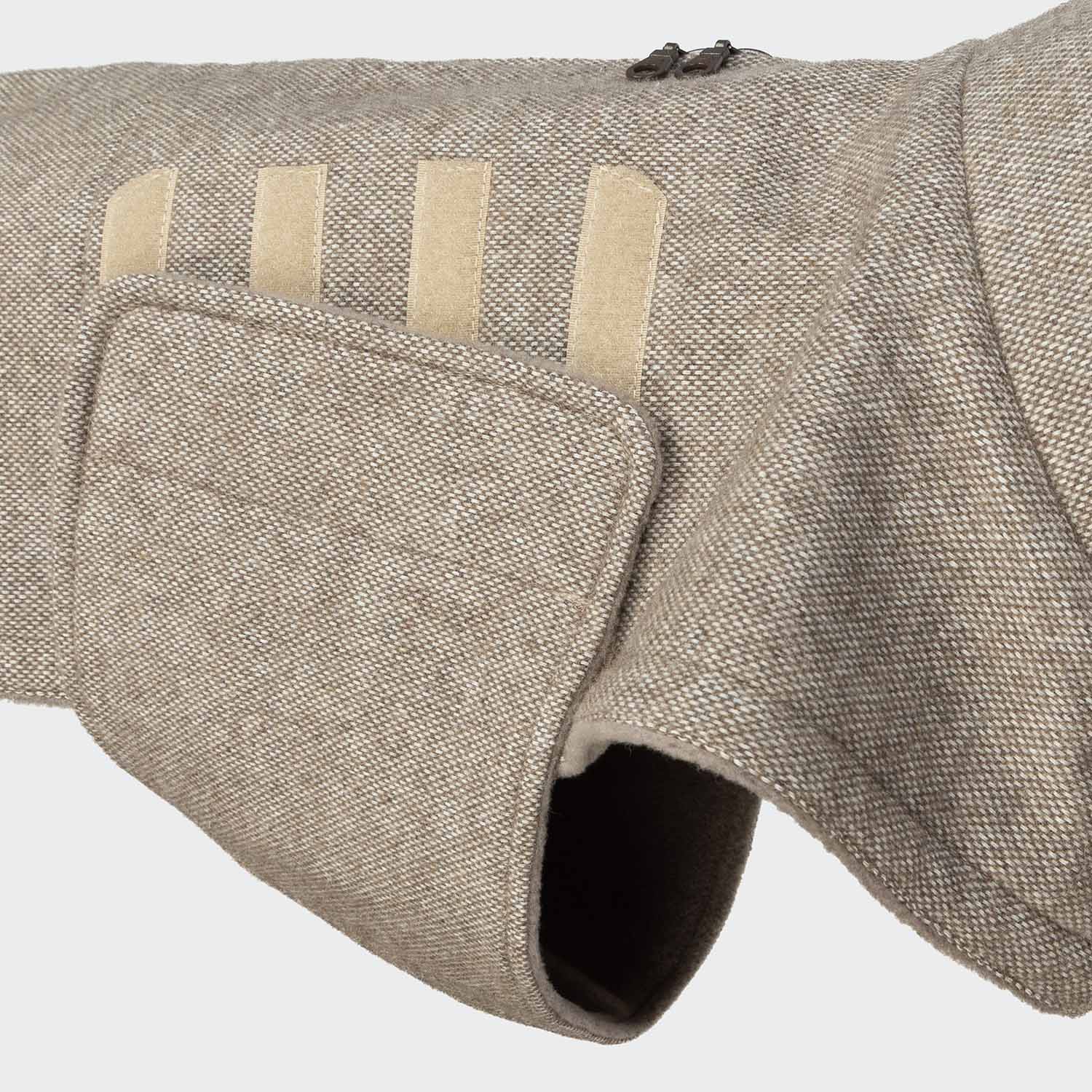 Close-up of Cloud7 Brooklyn dog coat featuring fleece lining and heritage-inspired styling.