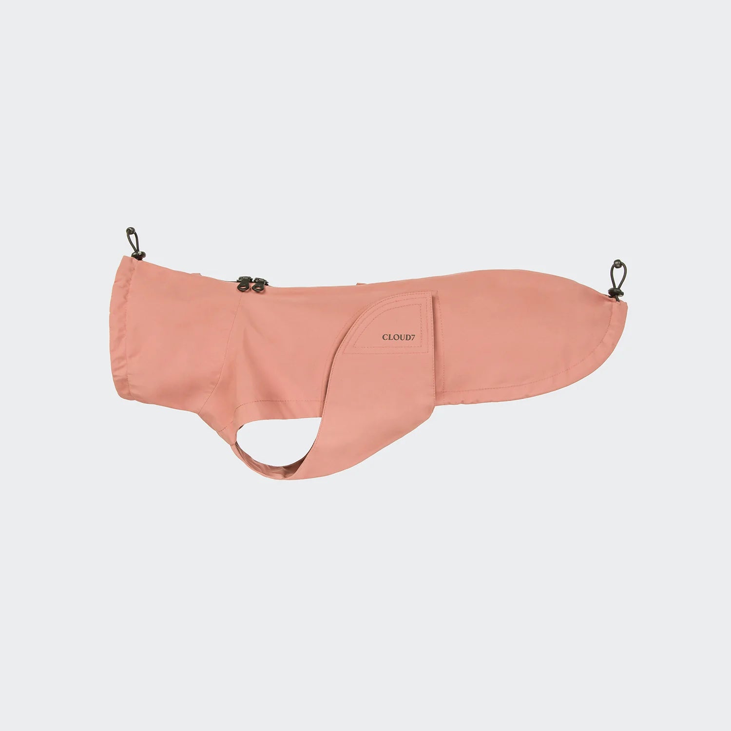 Pink dog coat with brand logo on a light gray background