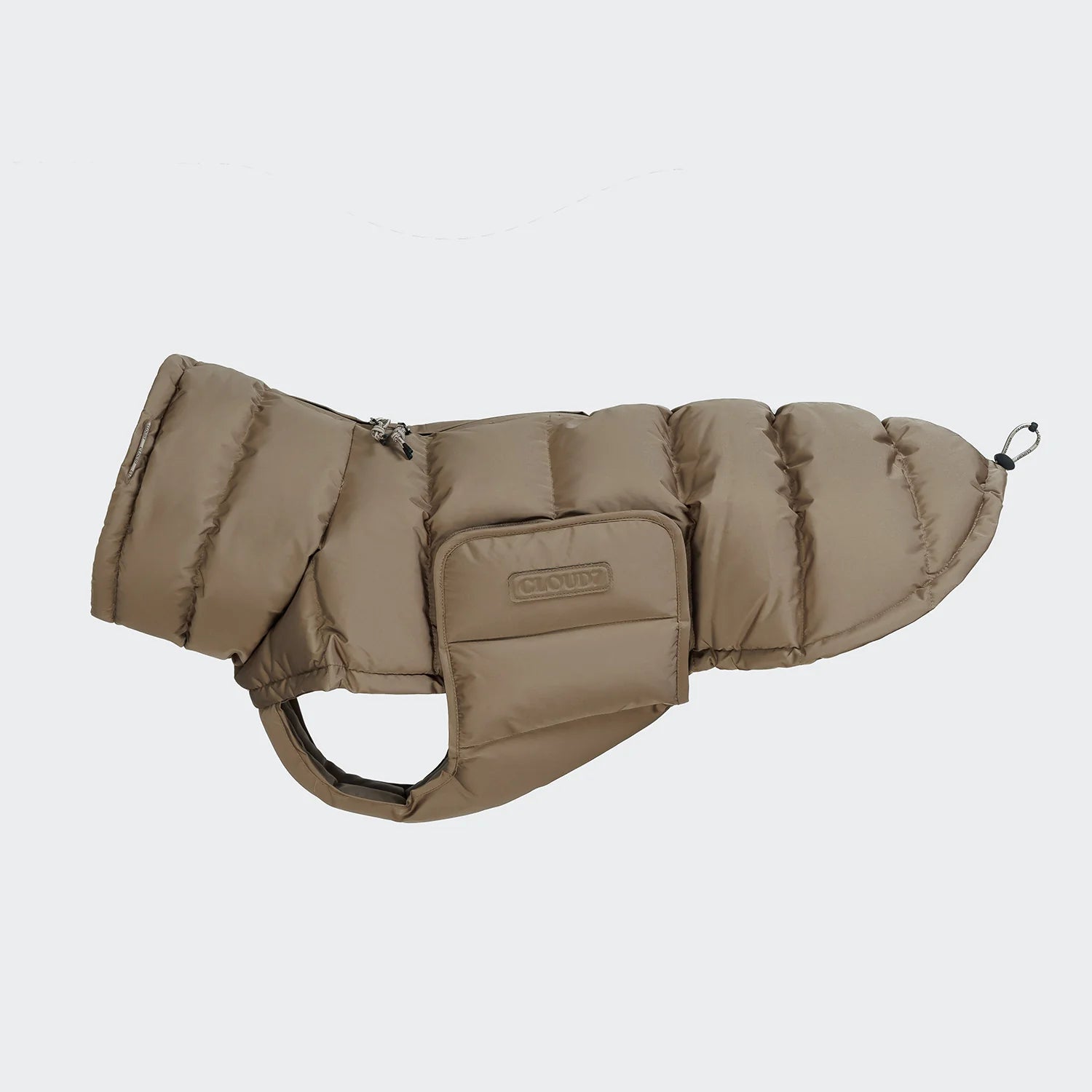 Green dog coat with a brand logo on a light gray background