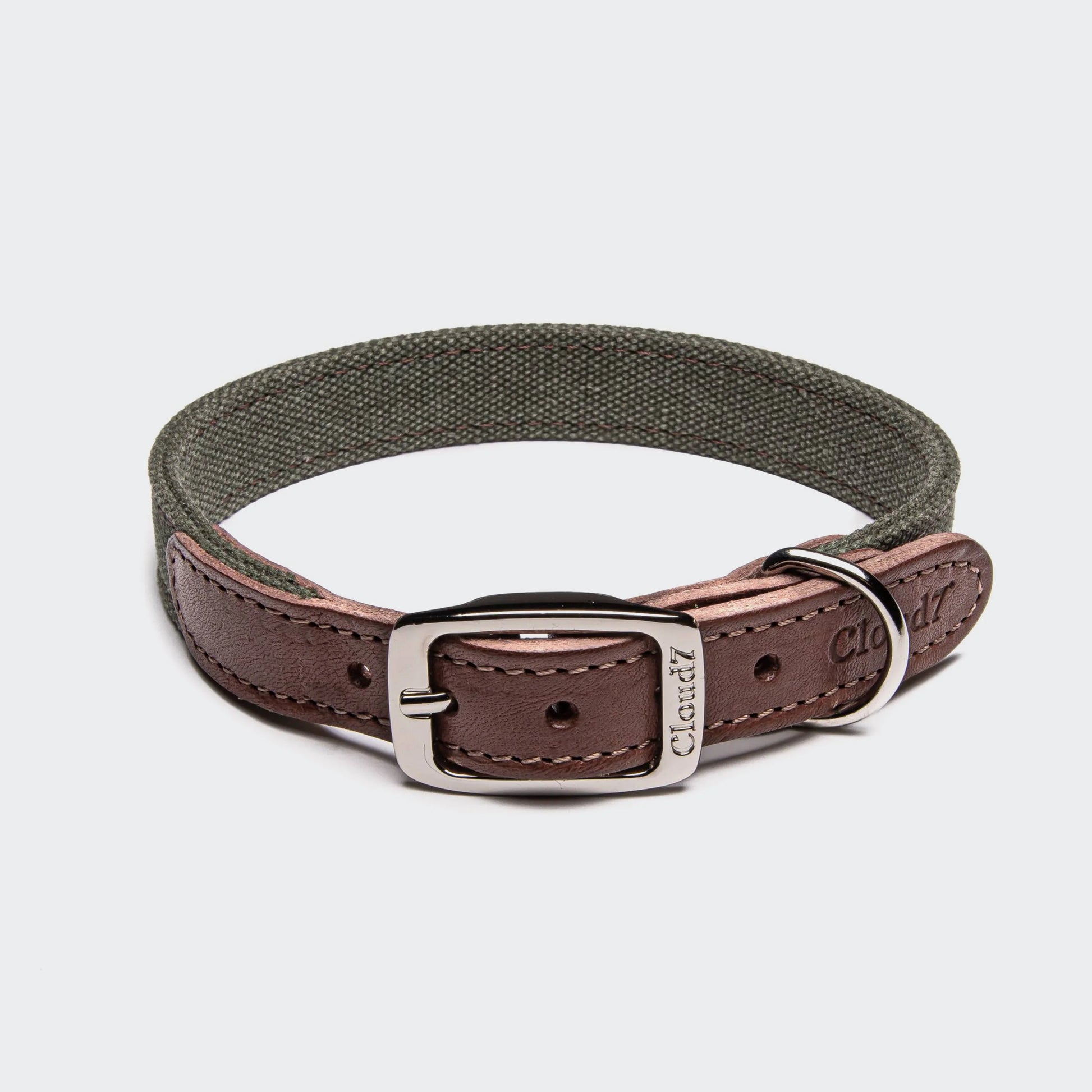 Cloud7 Dog Collar Tivoli Olive handcrafted from durable canvas and premium leather available at Bell & Beau.