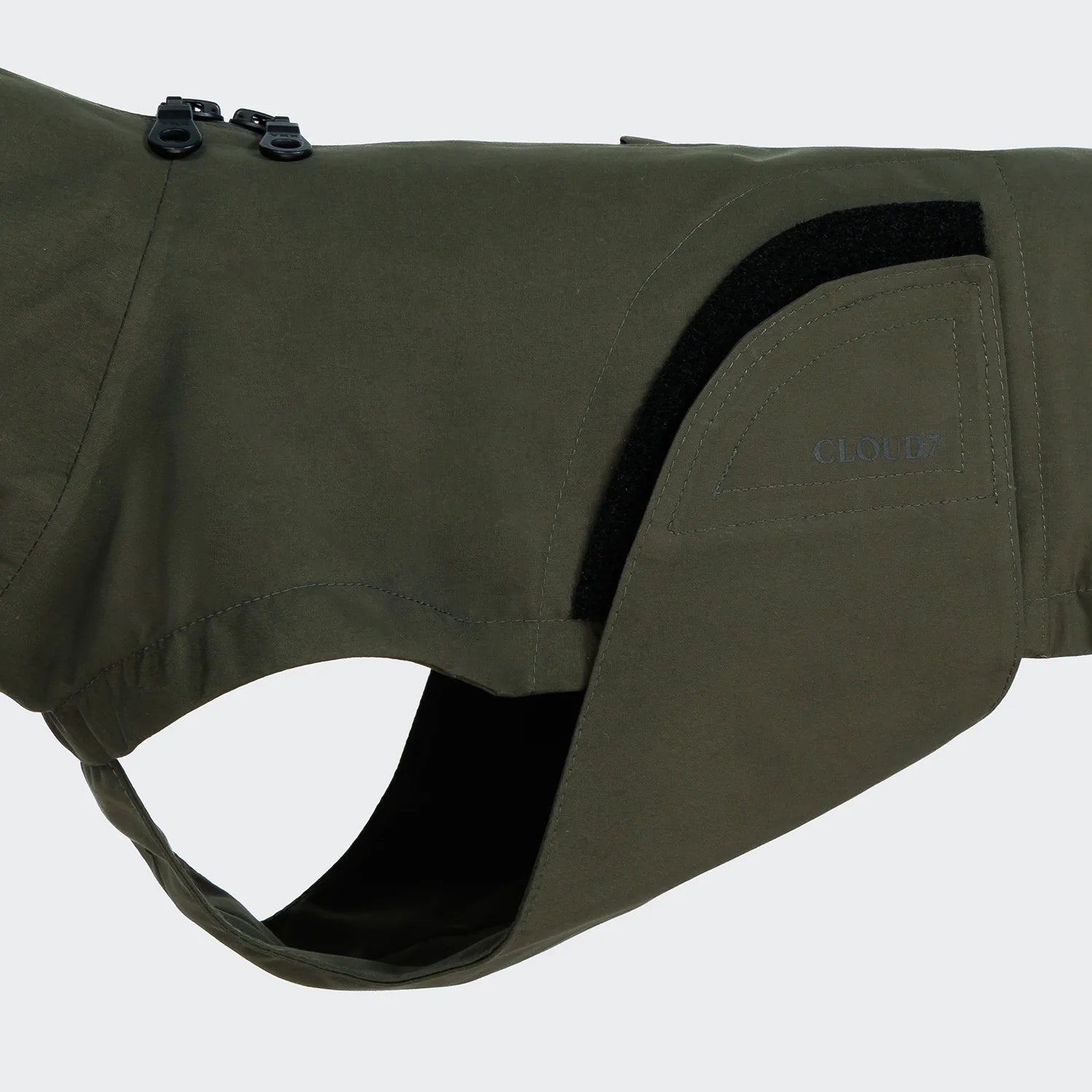 Dark olive Dachshund raincoat with waterproof zip and harness access opening.