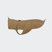 Tan dog coat with brand logo on a light gray background