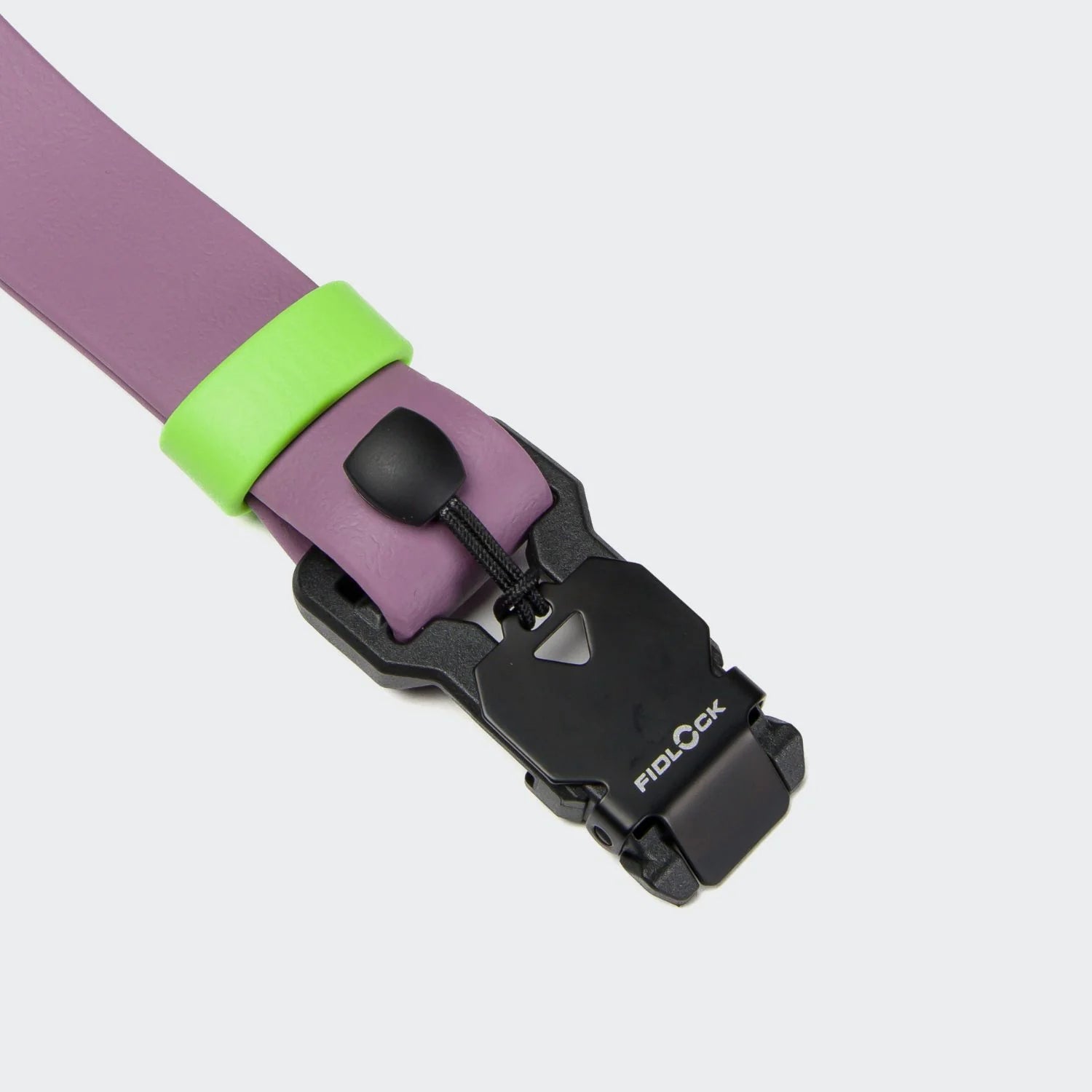 Purple lanyard with a black Fidlock lock on a light gray background